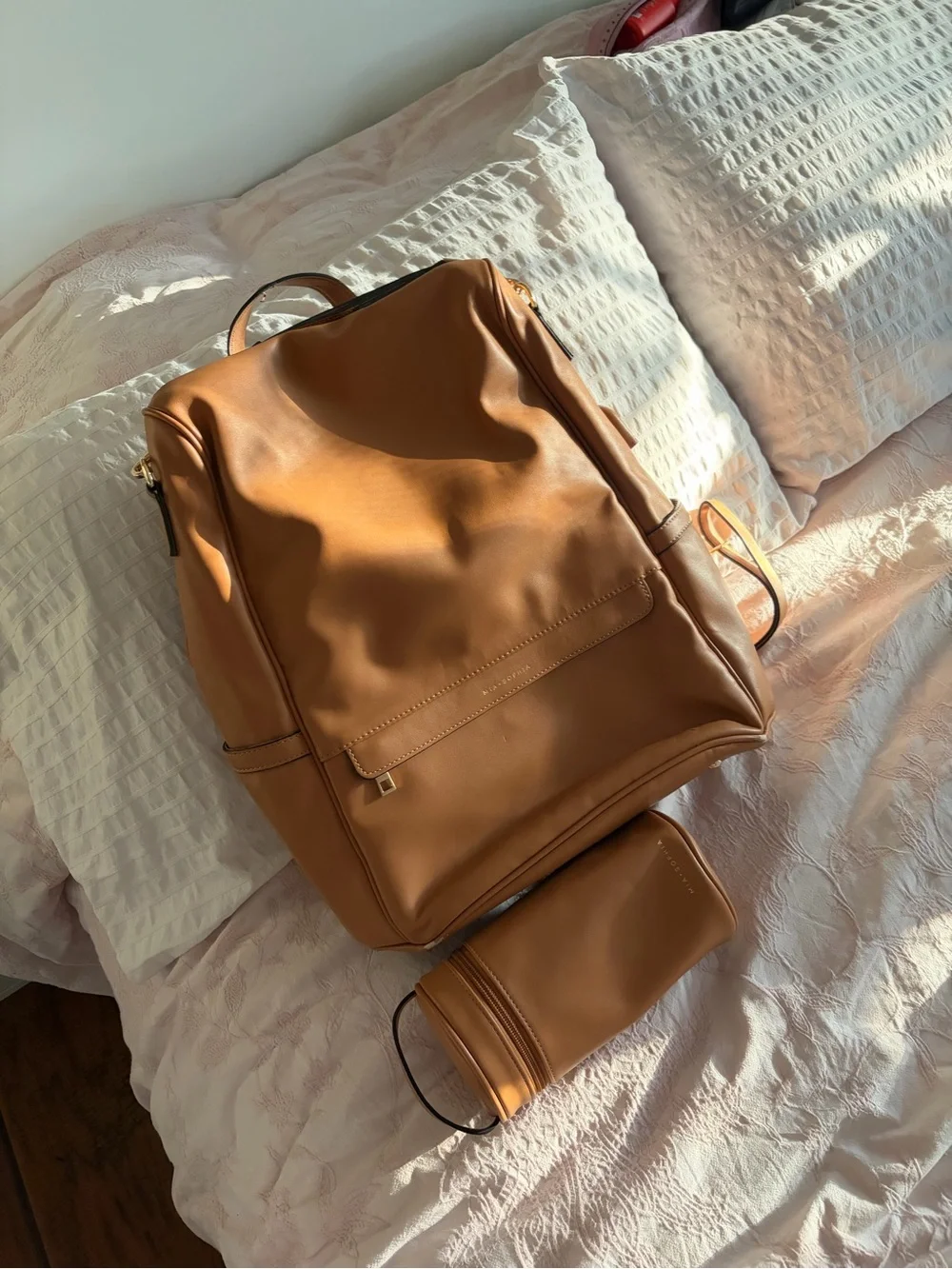 Mia and Sophia backpack diaper bag Tan Leather Convertible Backpack with pouch